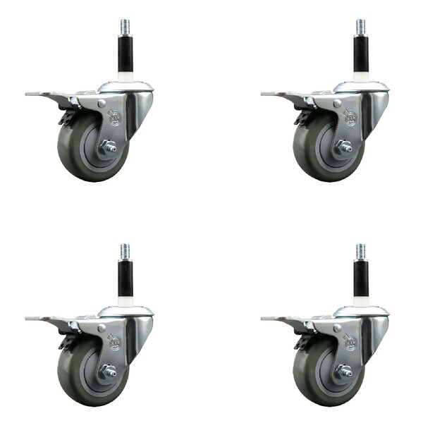 3'' Gray Poly Swivel 7/8'' Expanding Stem Caster Set Total Lock Brake, 4PK